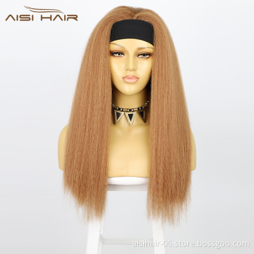 Aisi Hair Light Brown Glueless 26'' Cheap Straight Yaki Synthetic Attached Wholesale Grip For Black Women Headband Wig